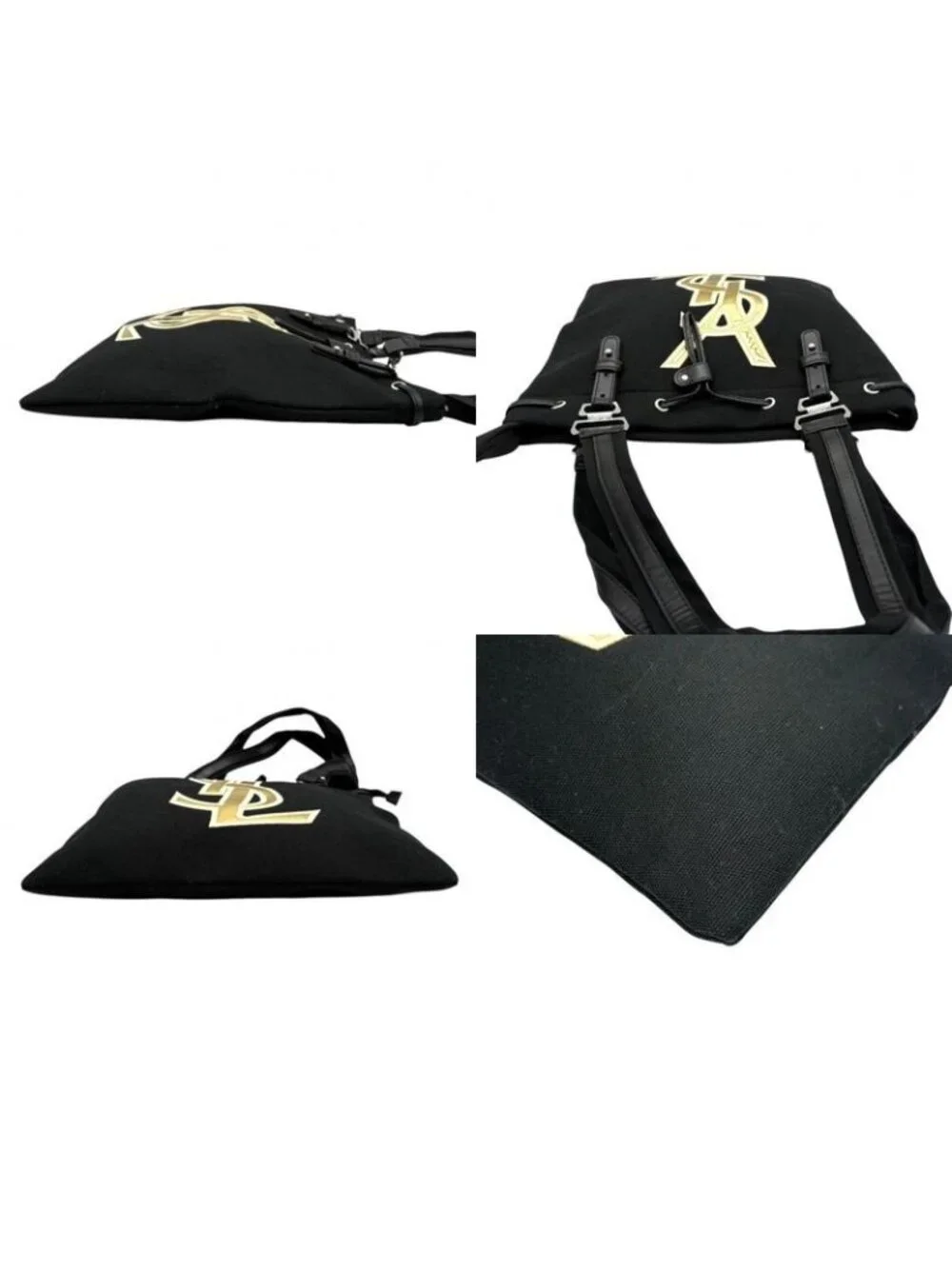 Saint Laurent Yves YSL Tote Shoulder Canvas Leather Black Gold Big Logo Classic - Picture 8 of 10